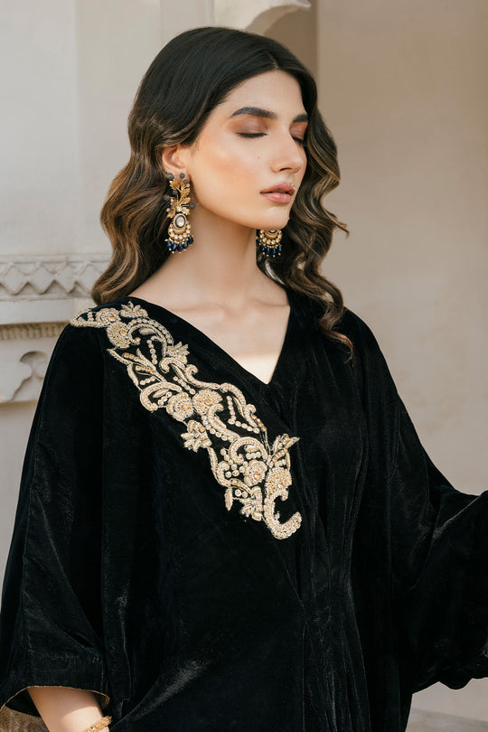 Naayas Luxury Pret  Silk Kaftan Pleated Black