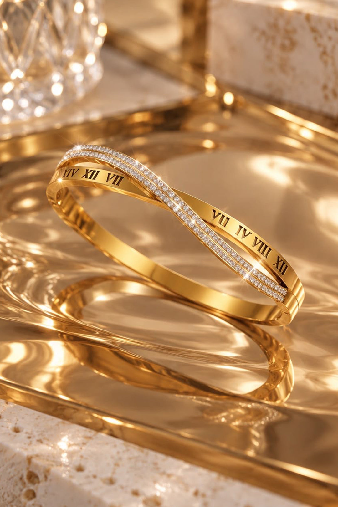 Roman Numeral Crystal Bangle - Rose Gold